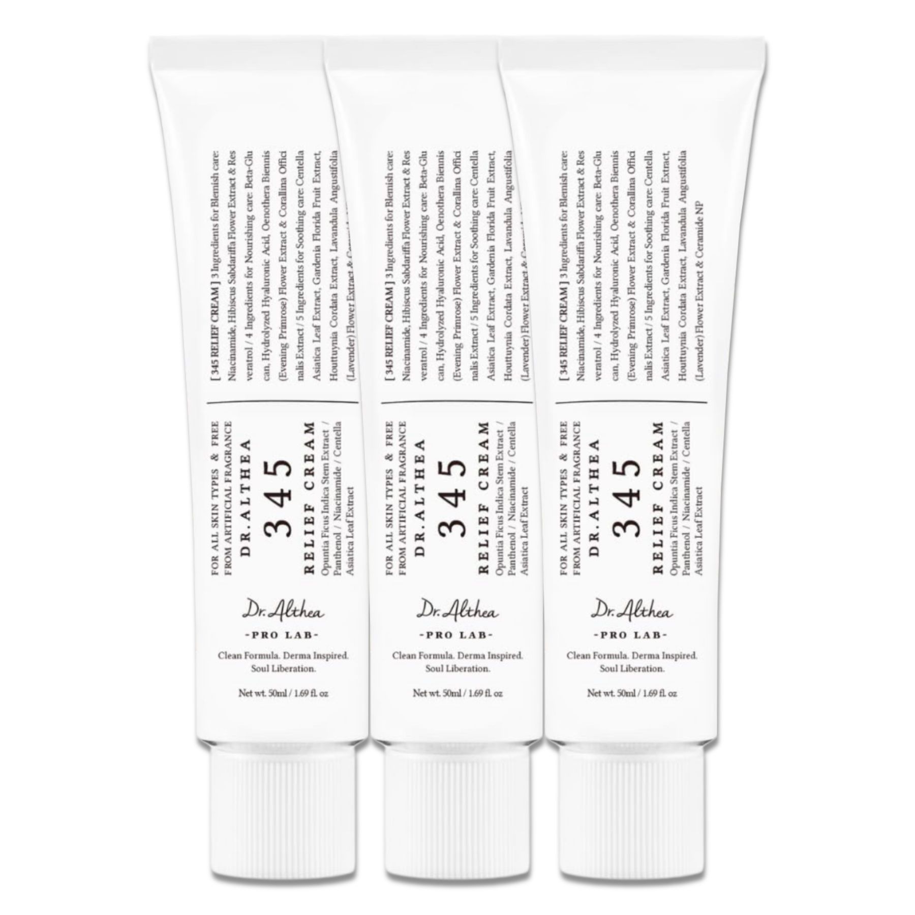 Drie tubes Dr. Althea 345 Relief Cream. Witte tubes met zwarte tekst. Productnaam en ingrediënten zichtbaar.
