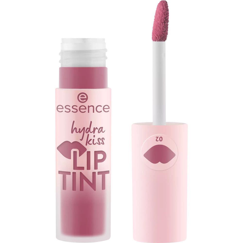 Essence Hydra Kiss LIP TINT, tube rose ouvert avec applicateur. Inscription: Hydra Kiss LIP TINT. Teinte 02.