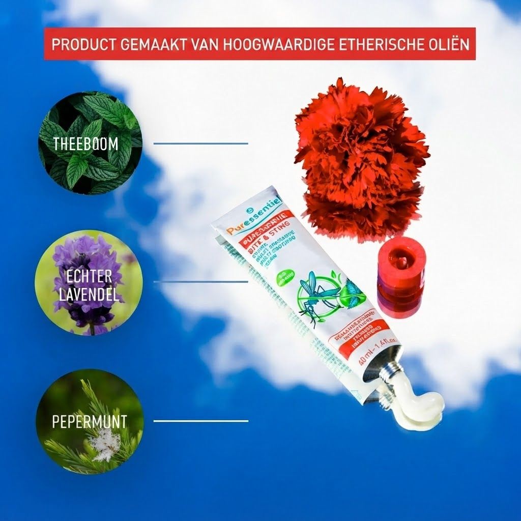 Tube met anti-insectenbeet product, naast rode bloem en afbeeldingen van theeboom, lavendel en pepermunt.