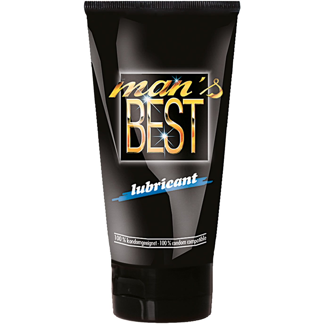 Tube noire avec logo doré "man's BEST" et texte bleu "lubricant". Texte: 100% compatible avec les préservatifs.