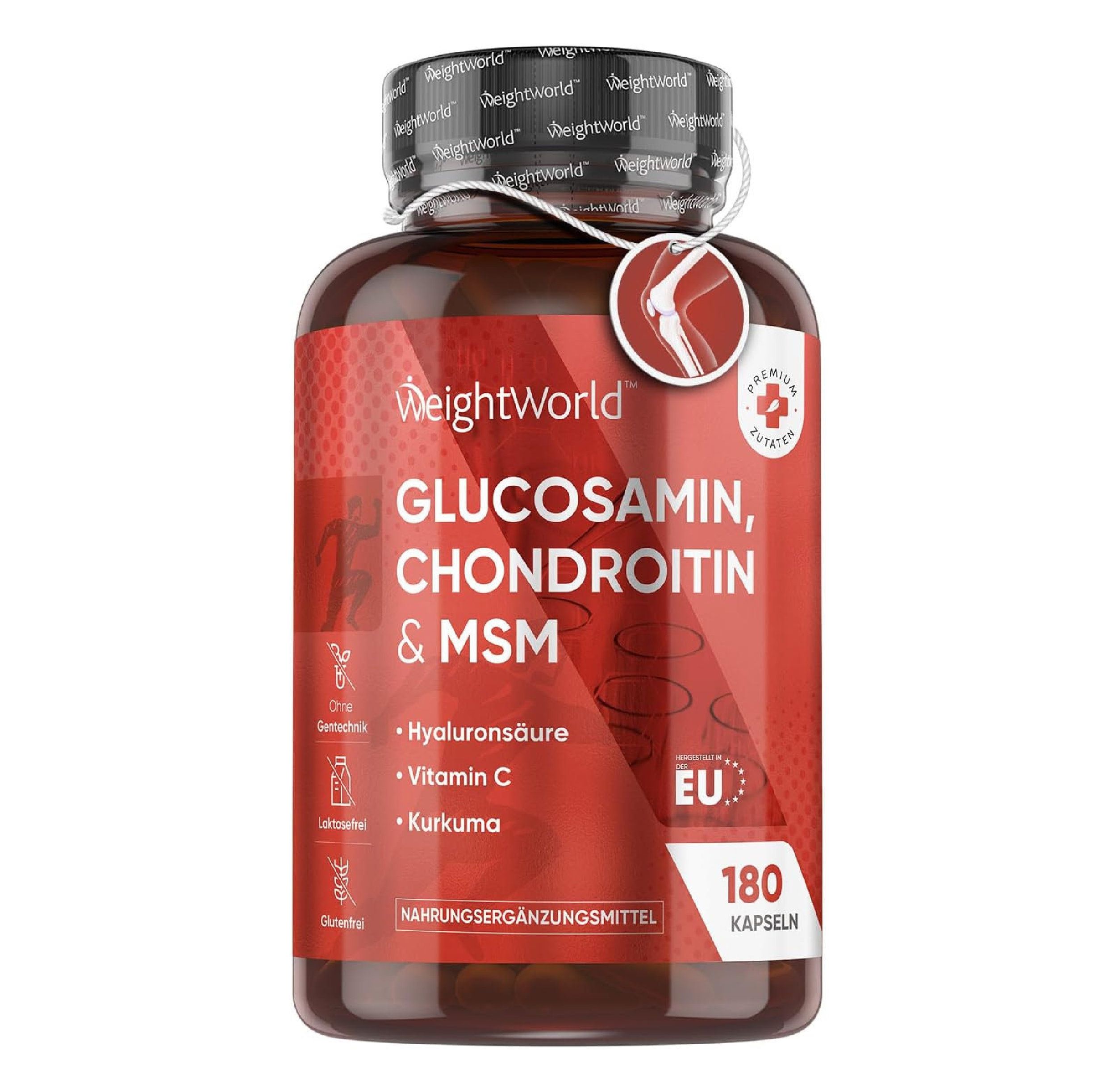Bruine fles met rood etiket. Opschrift: Glucosamine, Chondroïtine & MSM. Bevat 180 capsules. EU-keurmerk.