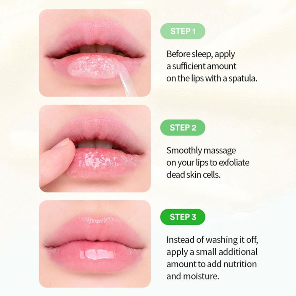 Drie stappen voor het aanbrengen van het product. Lippen worden met een spatel aangebracht, dan gemasseerd, dan bevochtigd.