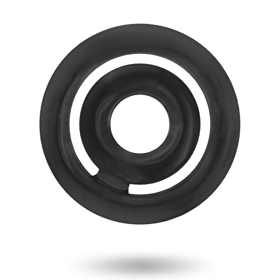 Zwarte ring met twee concentrische uitsparingen. Eén uitsparing is een doorlopende halve cirkel.