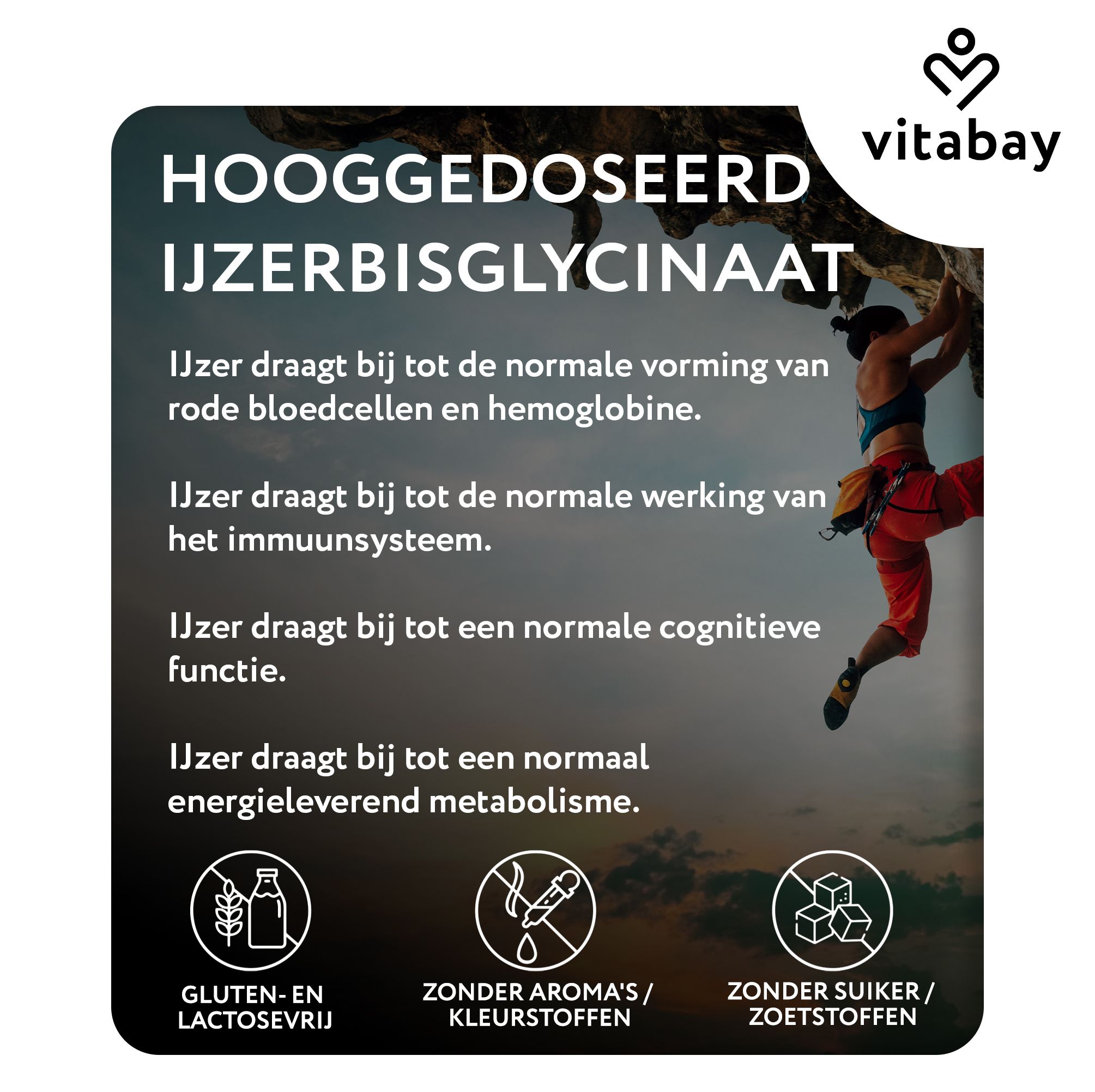 Vitabay Ferro Hoge Dosis 319 mg IJzerbisglycinaat potje met iconen: Geen toevoegingen, Getest in Duitsland, GMO-vrij.