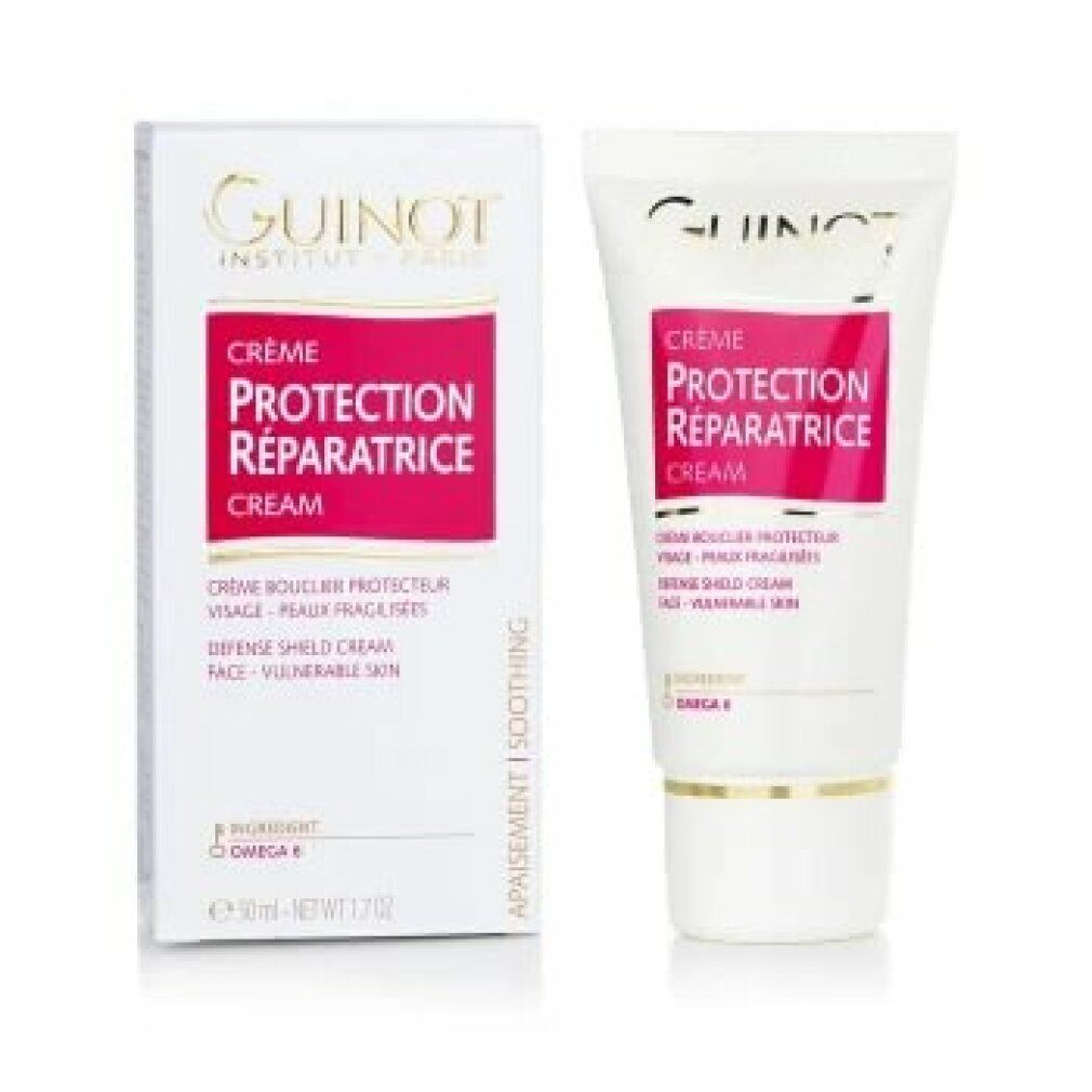 Verpakking en tube. Tekst: Crème Protection Réparatrice. Merk: Guinot. Omega 6. 50ml.