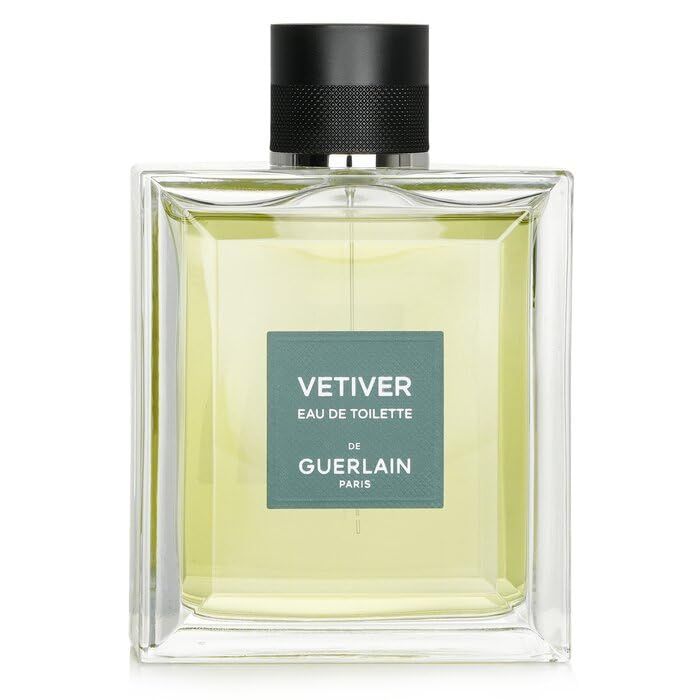 Flacon carré en verre avec bouchon noir. Étiquette "VETIVER EAU DE GUERLAIN".