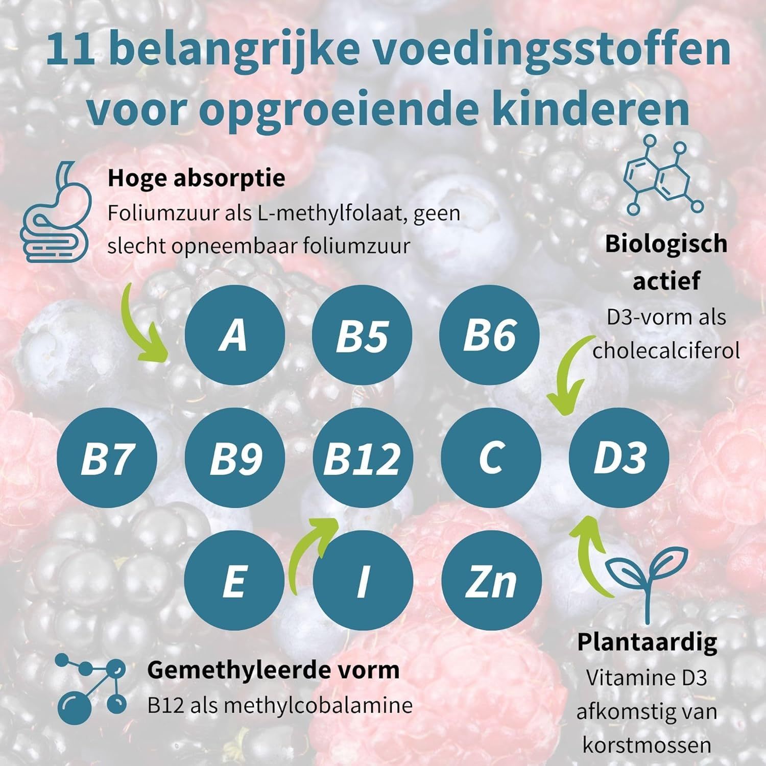 Overzicht van 11 belangrijke voedingsstoffen voor kinderen, waaronder vitamines A, B, C, D3, E, I, Zn.
