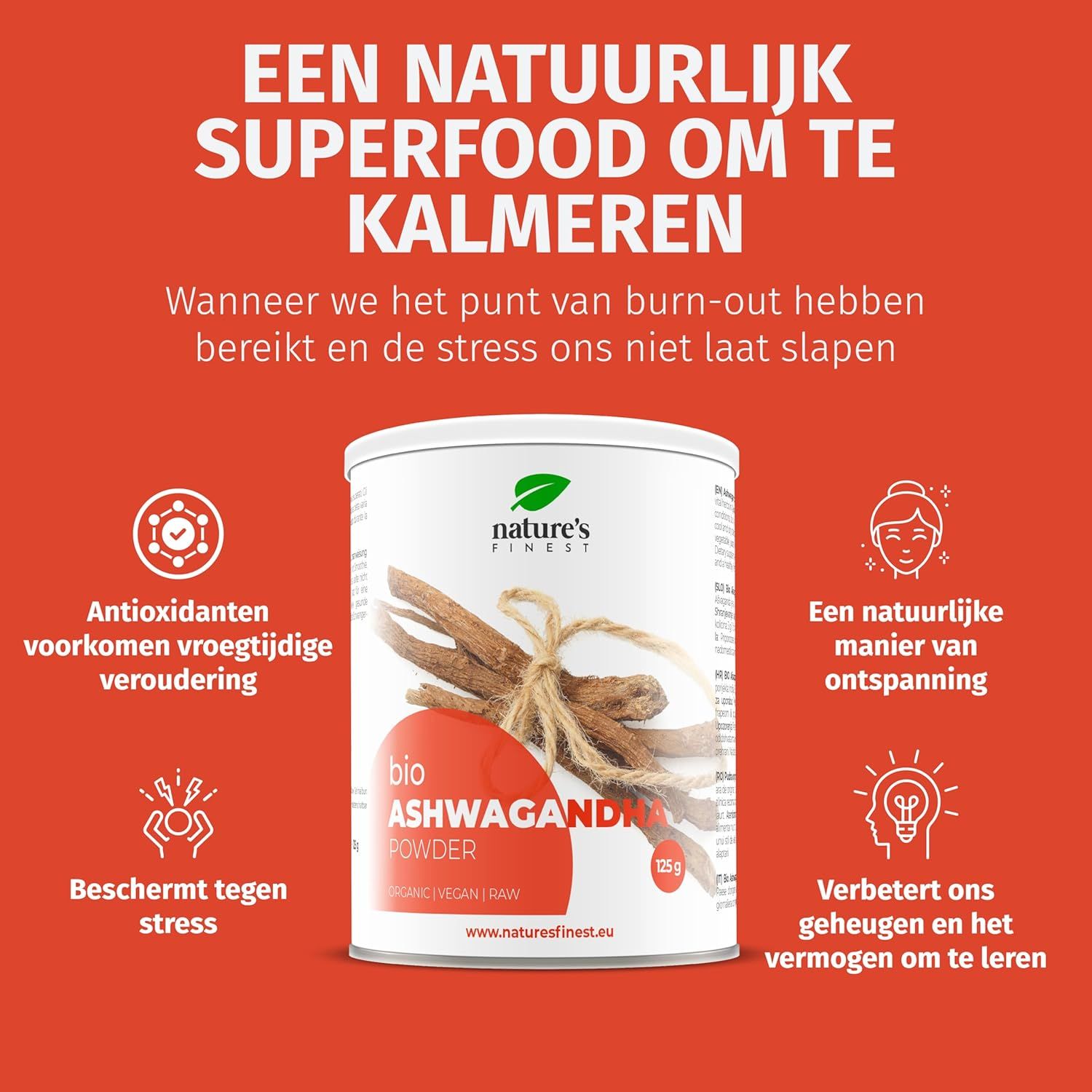 Potje bio Ashwagandha poeder. Opschrift Nature's Finest. Tekst en iconen op rode achtergrond.