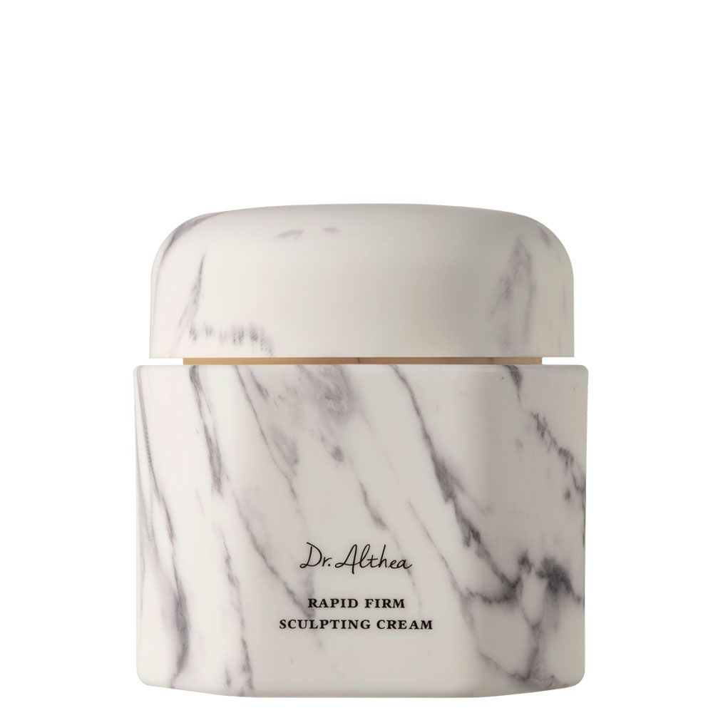 Gemarmerde pot met opschrift Dr. Althea Rapid Firm Sculpting Cream.