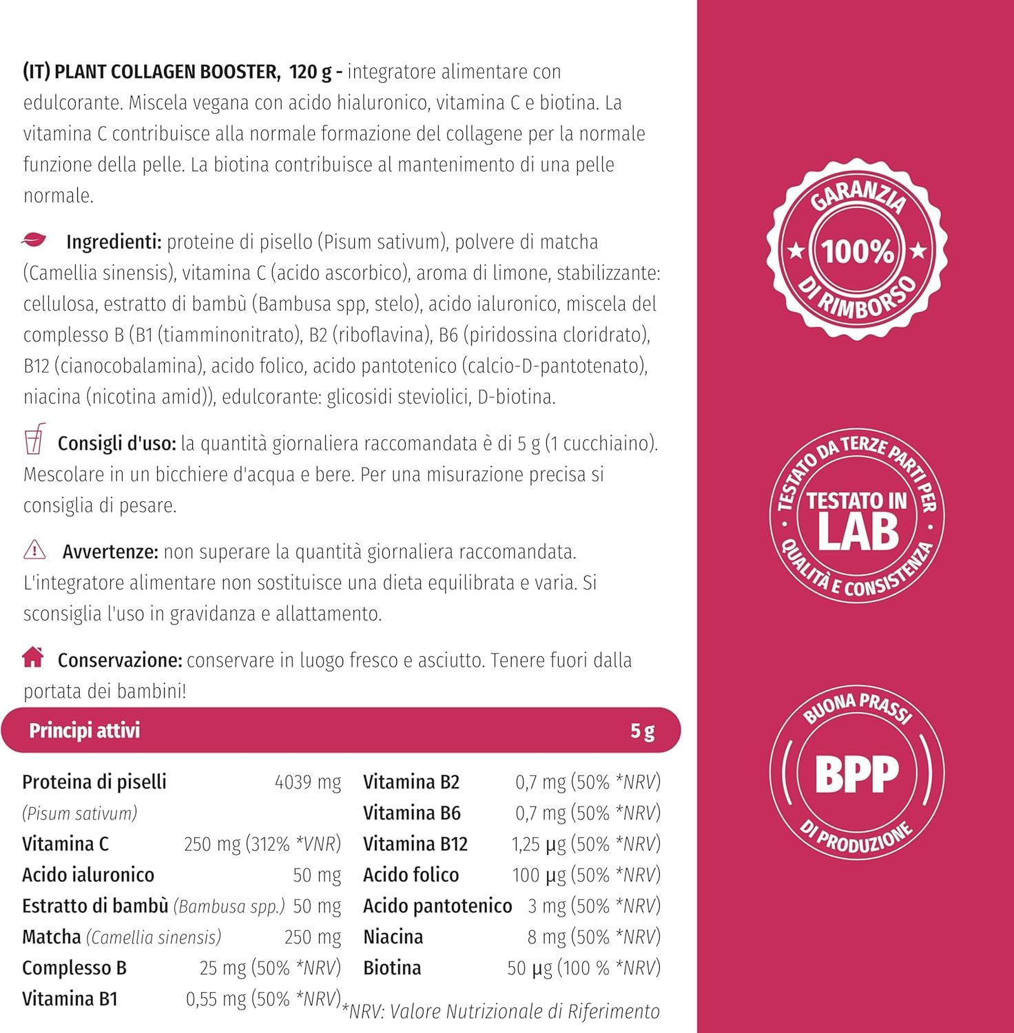 Texte sur fond rouge: Ingrédients, instructions d'utilisation, informations nutritionnelles, garantie. Testé en laboratoire.
