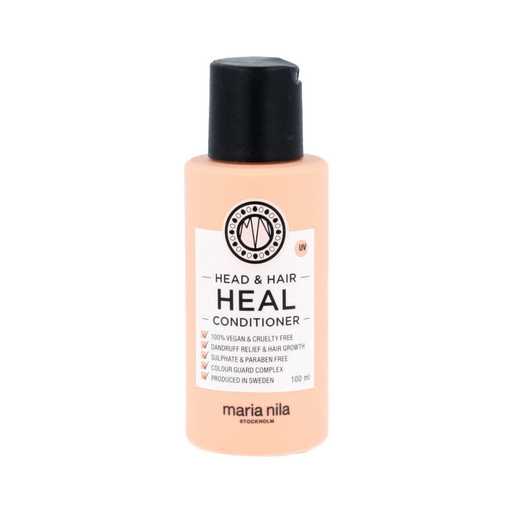Beige fles met zwarte dop. Etiket met tekst: HEAD & HAIR HEAL CONDITIONER. Merk: maria nila.