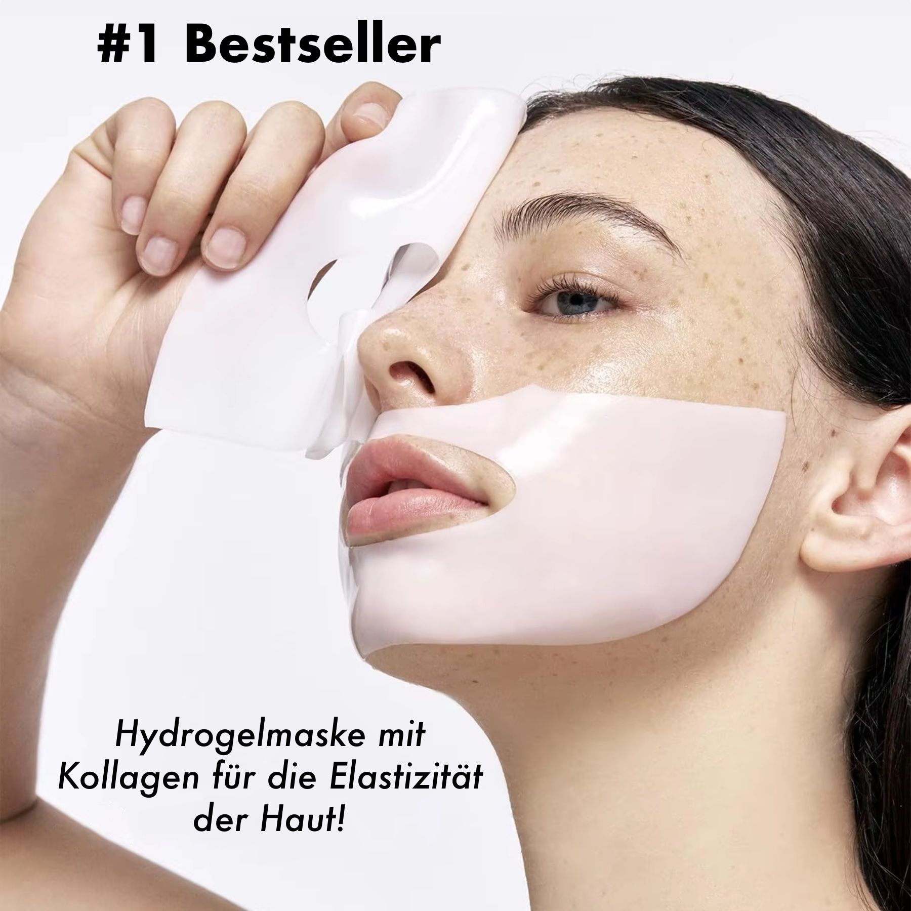 Femme tenant un masque hydrogel blanc. Texte: Masque hydrogel au collagène pour l'élasticité de la peau !