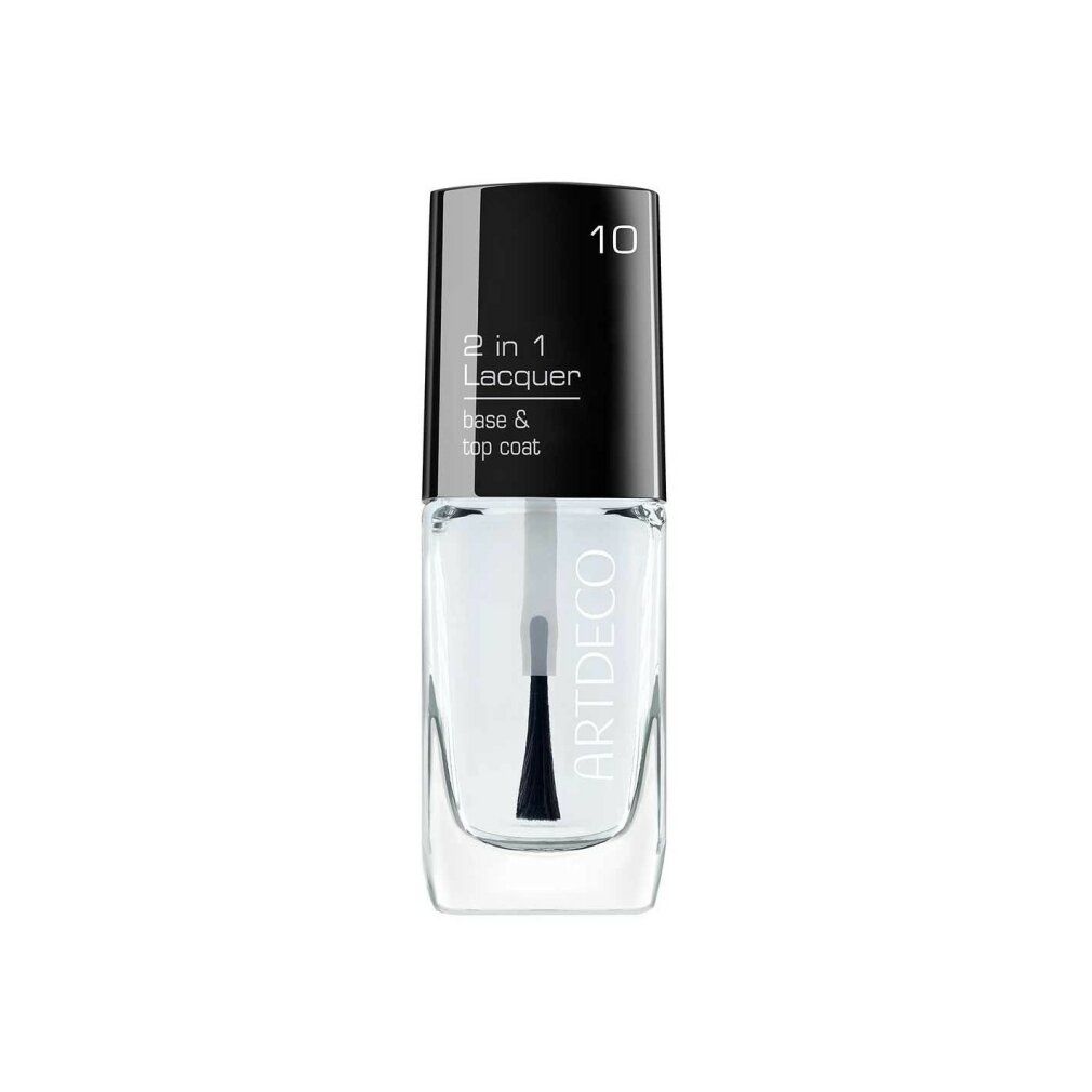 Flacon de vernis à ongles transparent avec bouchon noir. Inscription: 2 en 1 Lacquer Base & Top Coat. Marque ARTDECO.