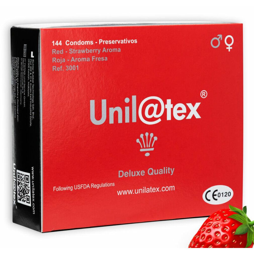 Boîte rouge Unil@tex, 144 préservatifs, arôme fraise. Fraise à côté. CE.