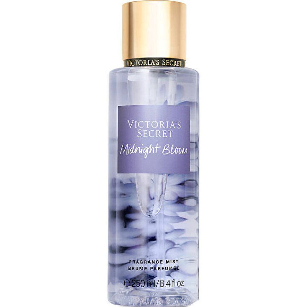 Victoria's Secret Midnight Bloom Body Mist, fles met paarse en blauwe bloemblaadjes.