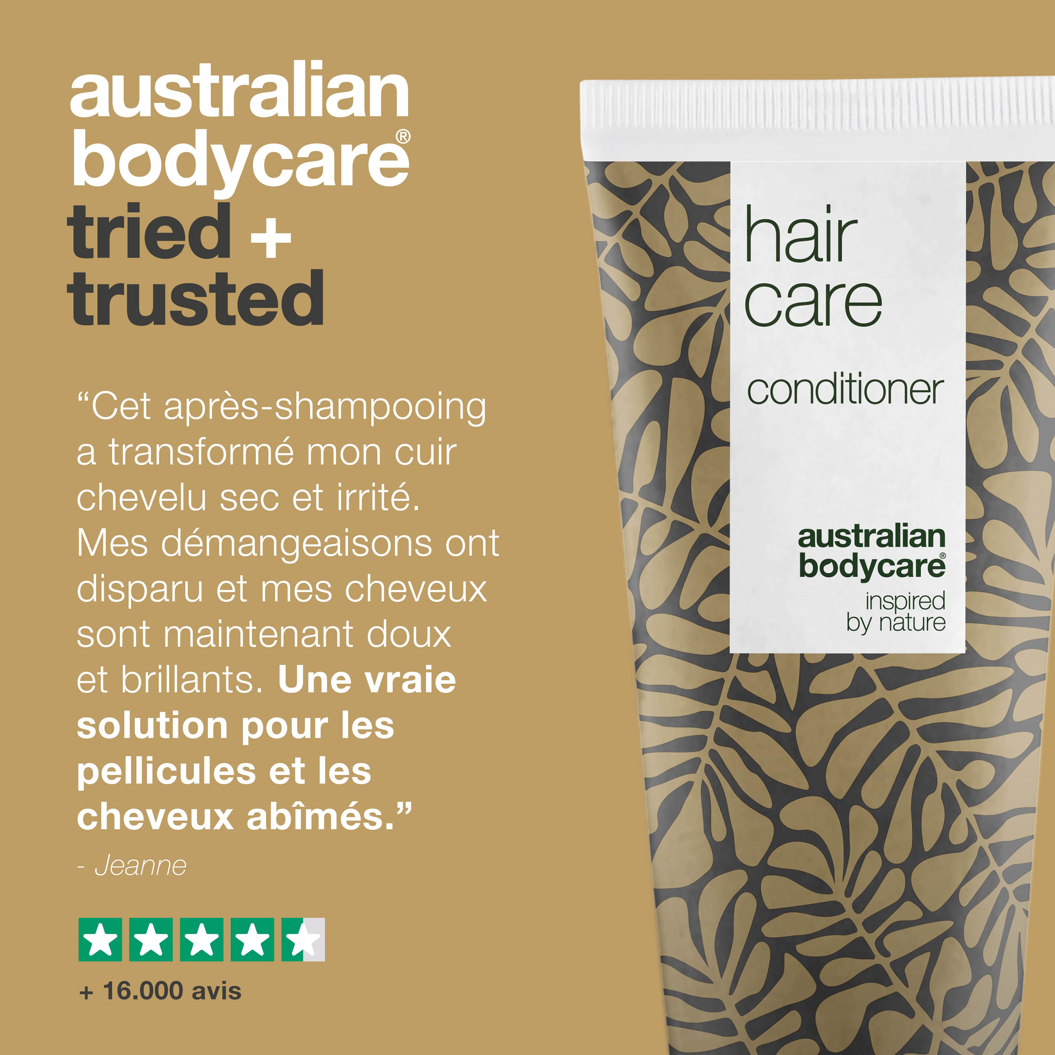Témoignage. Tube de revitalisant capillaire. Inscription : Hair Care, Conditioner, Australian Bodycare. Texte : Cet après-shampooing a transformé mon cuir chevelu.