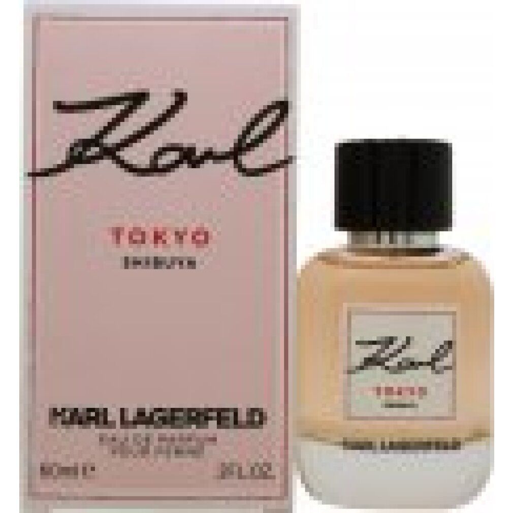 Flacon et emballage beige Karl Lagerfeld Tokyo Shibuya. Bouchon noir, étiquette blanche avec texte.