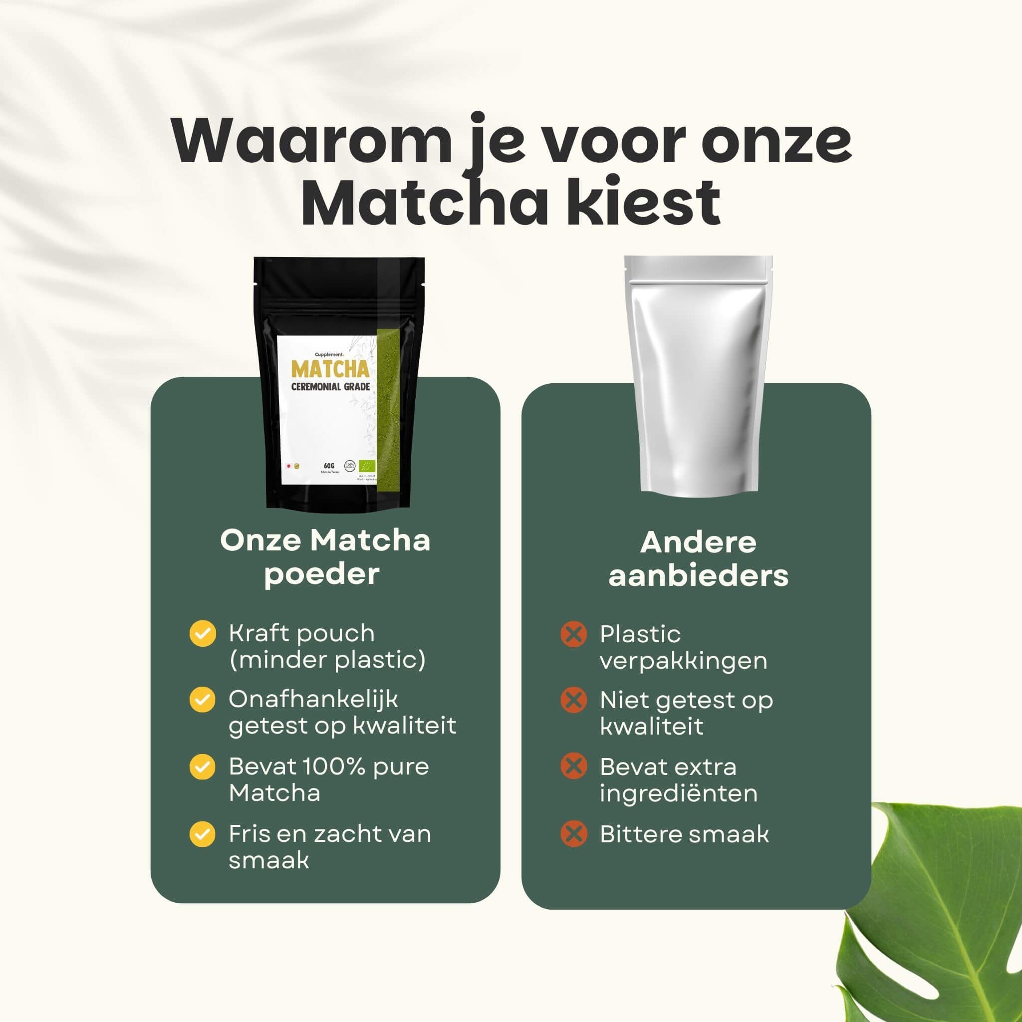 Vergelijking: matcha poeder in kraft papieren zakje vs. plastic verpakking. Voordelen en nadelen.
