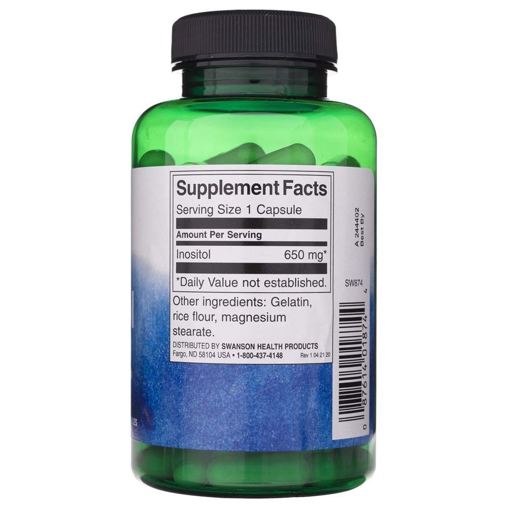 Groene capsulefles met "Supplement Facts"-etiket waarop 650 mg inositol per capsule staat.