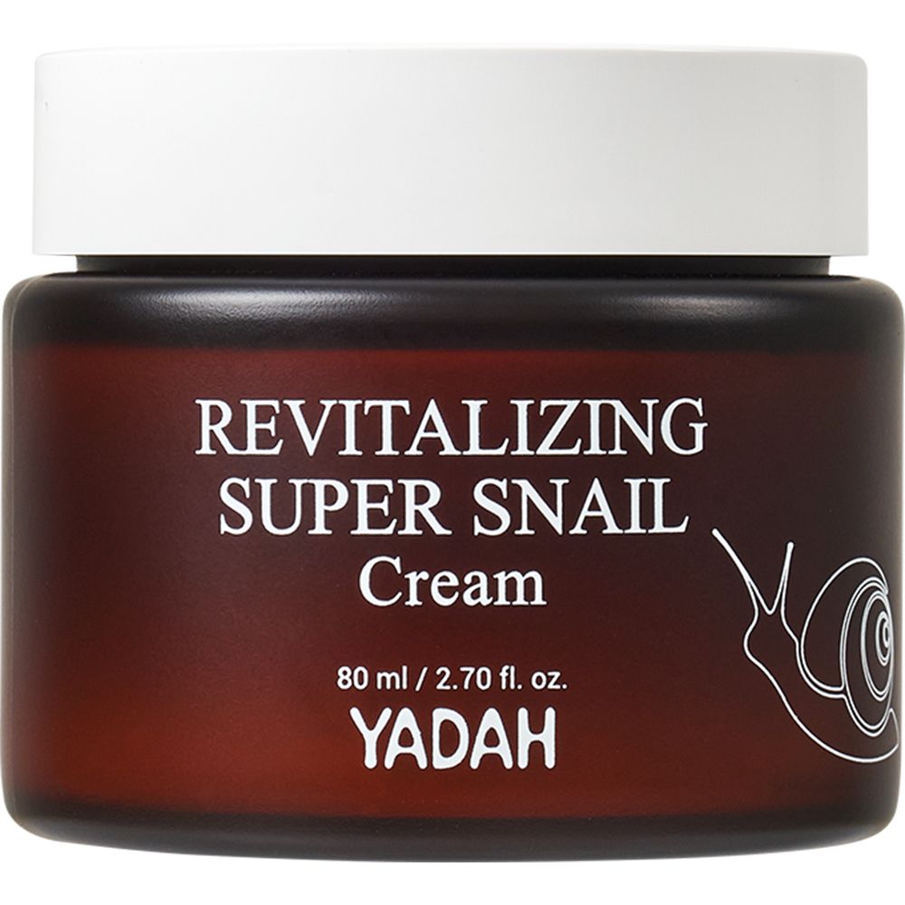 Pot de crème brun avec couvercle blanc. Inscription: Revitalizing Super Snail Cream, YADAH. Illustration d'escargot.