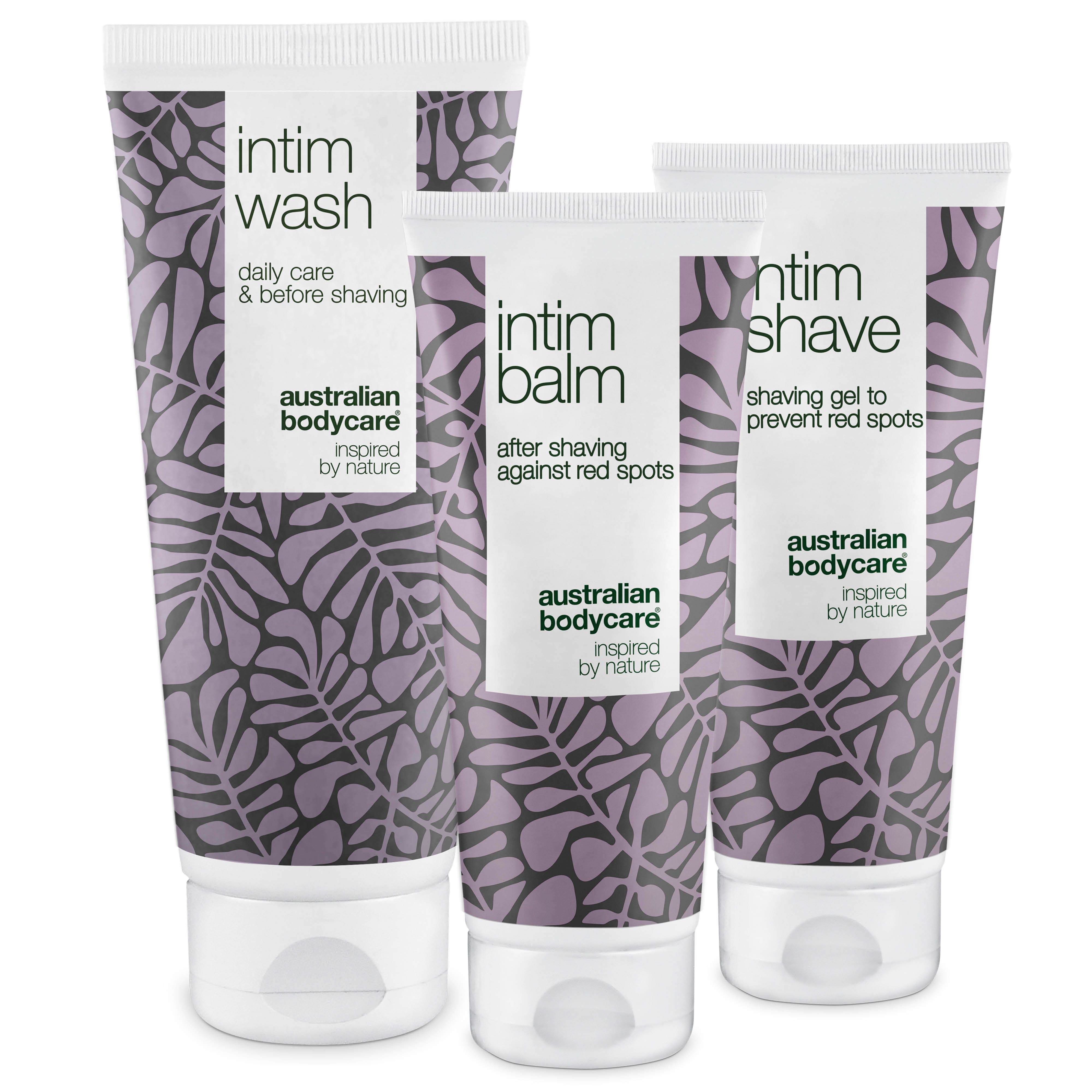 Trois tubes Australian Bodycare Intimrasur : Intim Wash, Intim Balm, Intim Shave. Design blanc et violet.