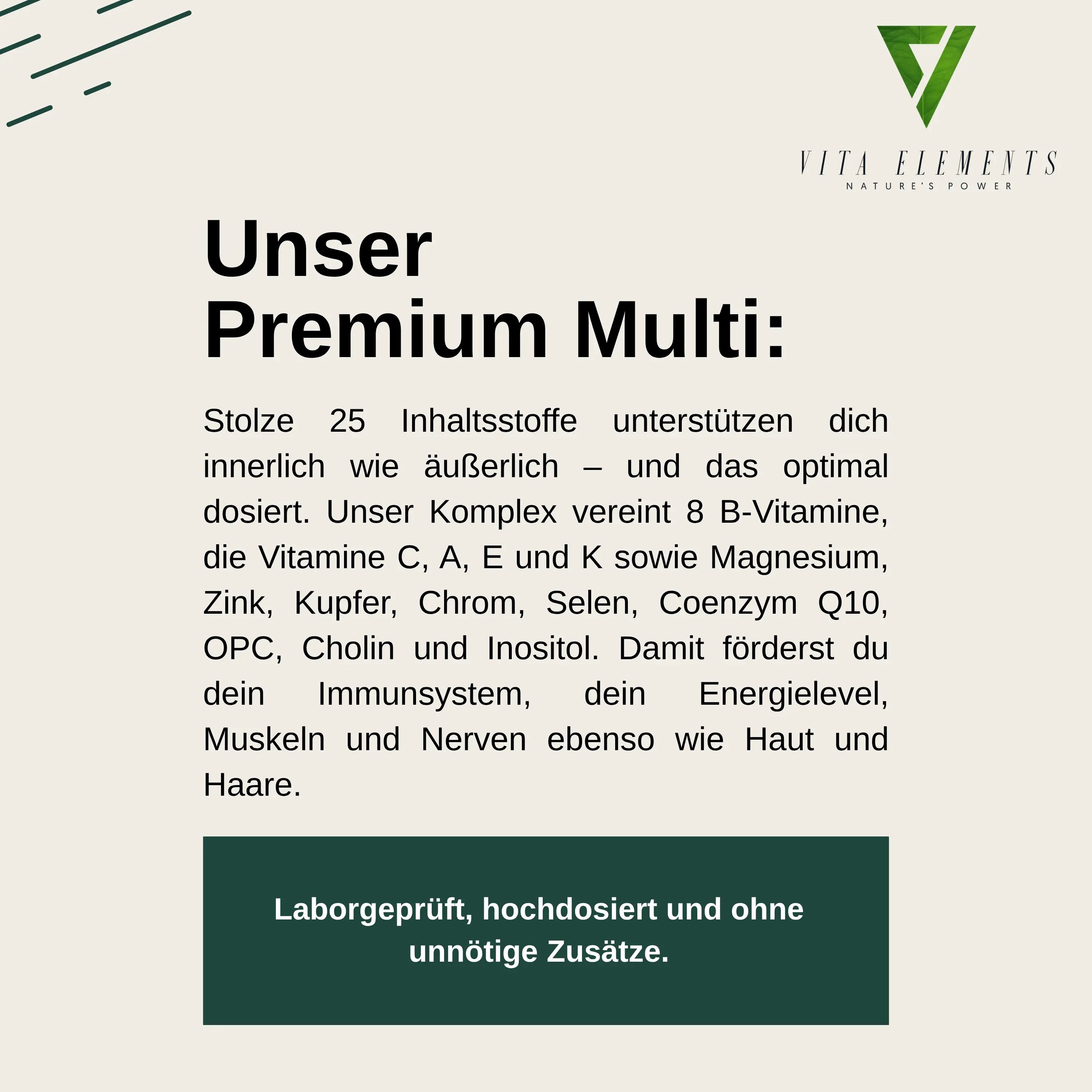 Fles Vita Elements Premium Multivitamin capsules, 180 capsules, met "Laboratorium getest" zegel.