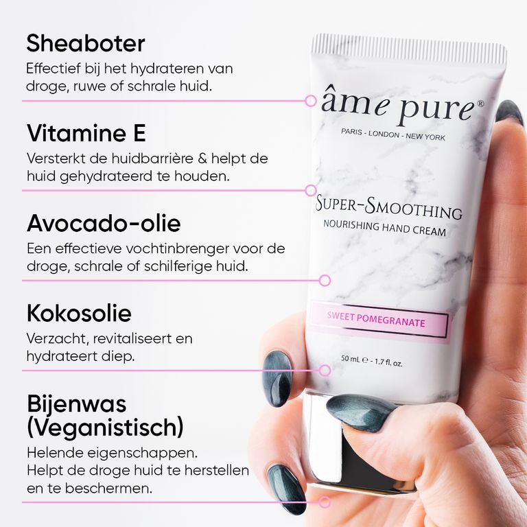 Handcrème tube met marmerpatroon, vastgehouden door een hand. Ingrediëntenlijst in het Nederlands.