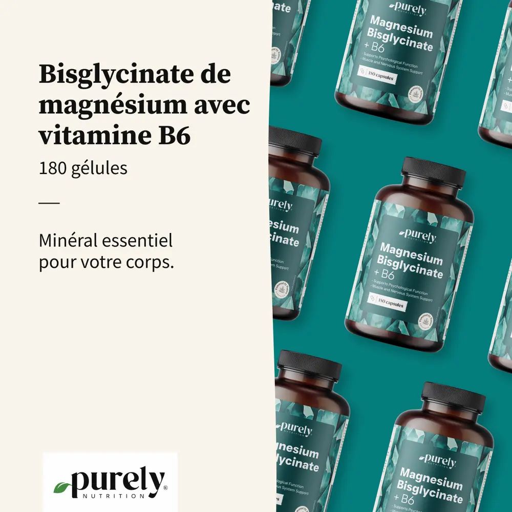 Plusieurs flacons de magnésium bisglycinate + B6. Texte: Un minéral essentiel pour votre corps. 180 gélules.