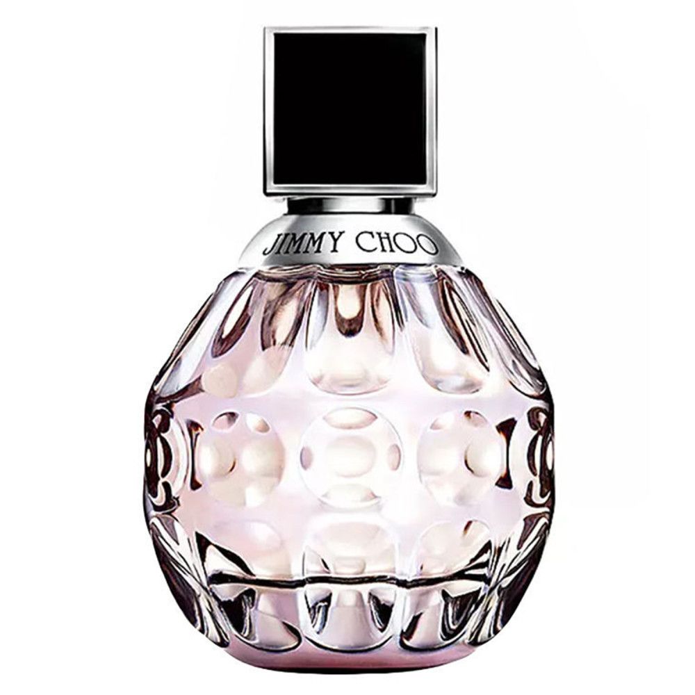 Flacon de parfum Jimmy Choo avec bouchon argenté et verre gaufré.