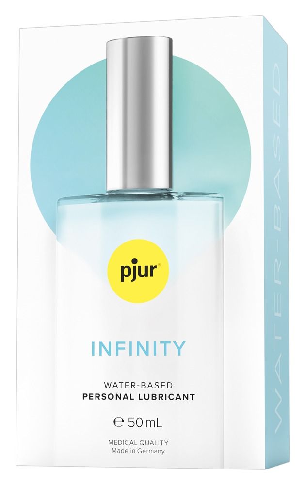 Flacon en verre transparent avec bouchon argenté. Inscriptions: pjur, INFINITY, à base d'eau, 50 ml. Emballage blanc.