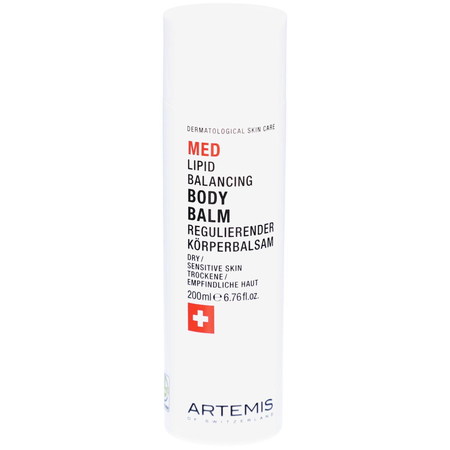 Witte fles met rode en zwarte tekst. MED Lipid Balancing Body Balm. Zwitsers kruis. 200ml.