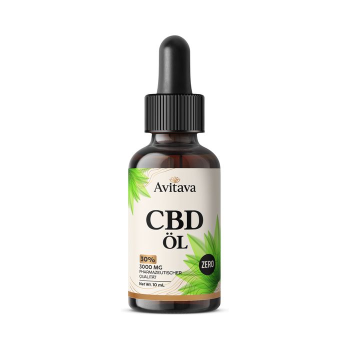 Bouteille d'huile CBD Avitava avec pipette. 30% CBD, 3000 mg, qualité pharmaceutique.