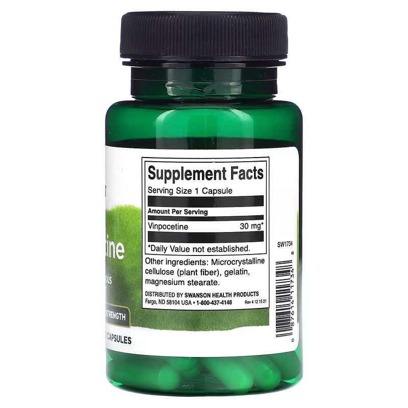 Vue arrière du flacon vert SWANSON Vinpocetine 30 mg. Étiquette avec informations nutritionnelles et ingrédients.