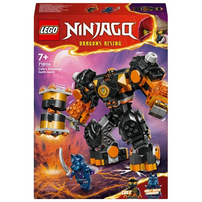 LEGO NINJAGO Mech Elemento di Terra di Cole. Zwarte robot met oranje accenten. Verpakking met productafbeelding.