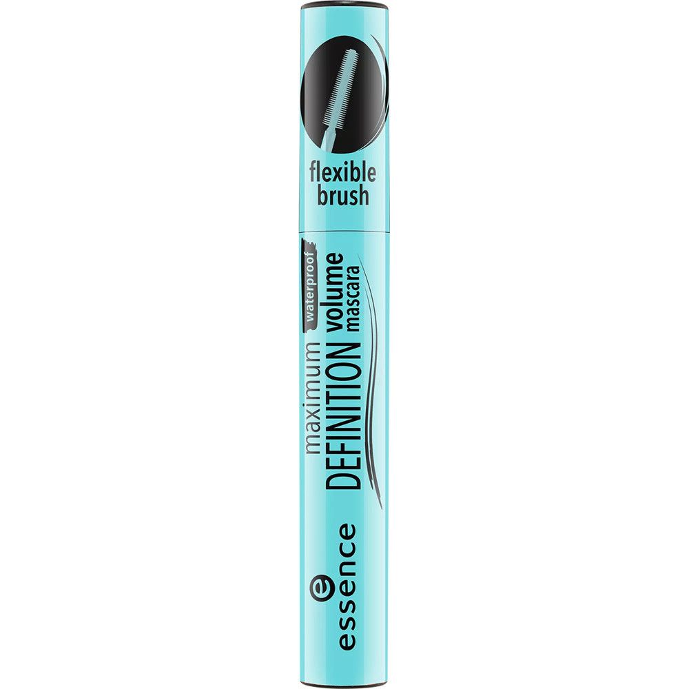 Tube de mascara turquoise avec bouchon noir. Inscription : Maximum Definition Volume Mascara, Waterproof, Flexible Brush.