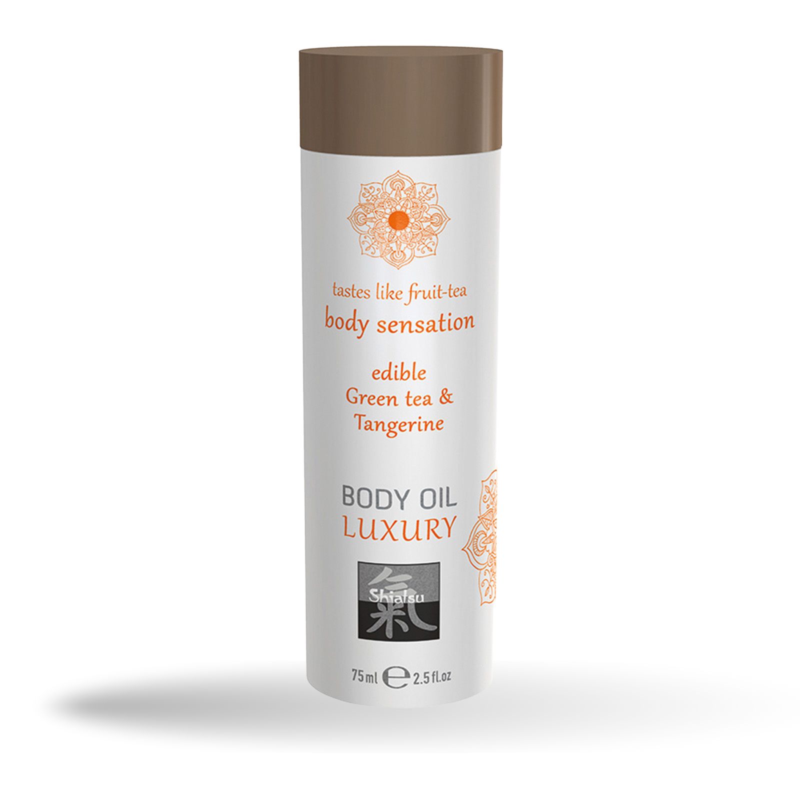 Flacon cylindrique avec bouchon marron. Texte: Body Oil Luxury, Green Tea & Tangerine. Logo et texte Shiatsu.