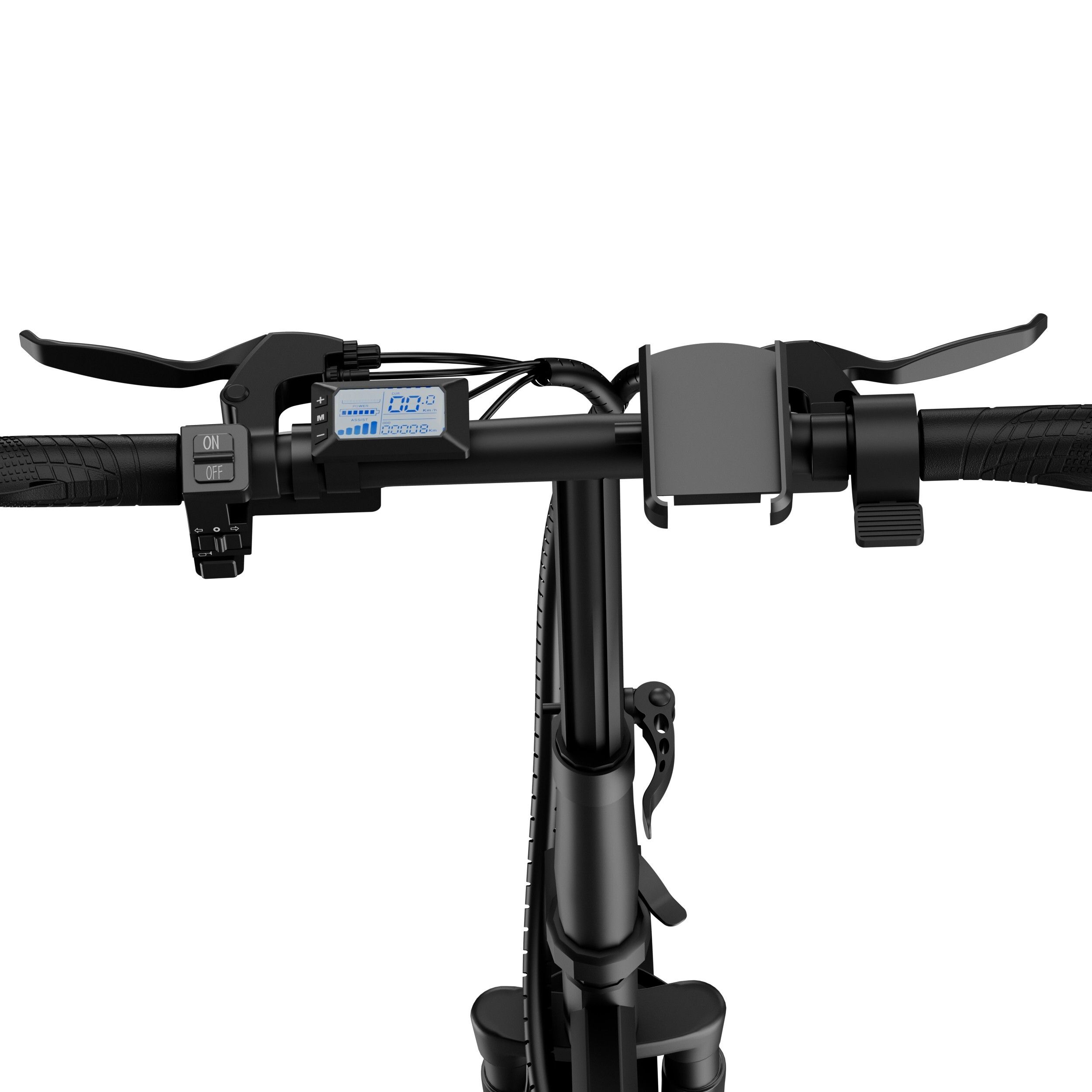 Gros plan sur le guidon d'un vélo électrique noir. Écran, leviers de frein, poignées visibles. Marque : Ruitoo.