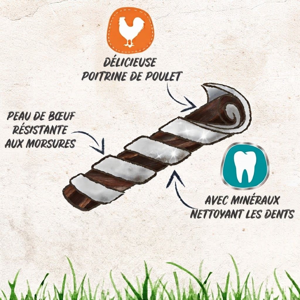 Bâtonnet à mâcher pour chien en peau de bœuf et poitrine de poulet, avec minéraux nettoyants pour les dents.