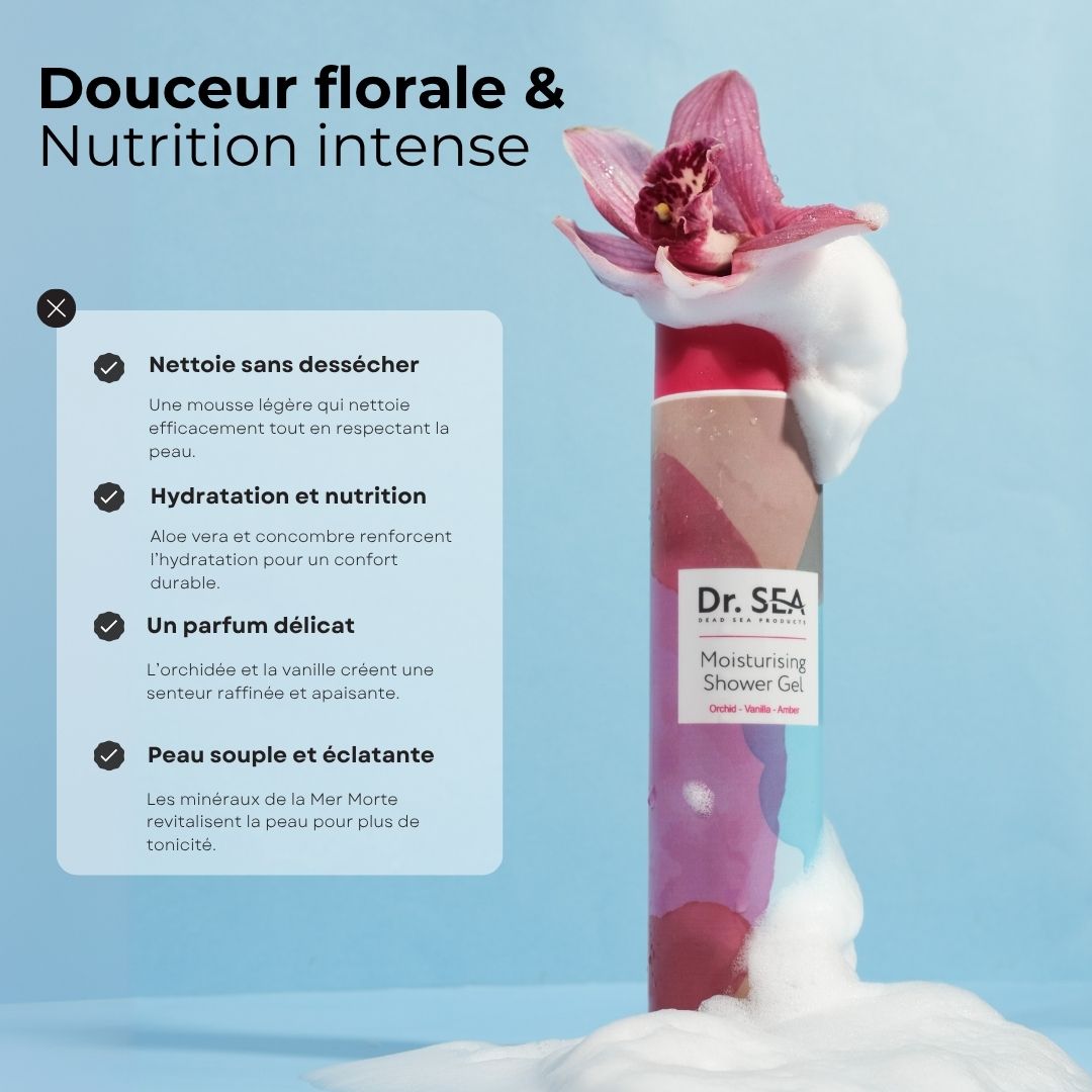 Flacon de gel douche avec mousse et orchidée. Texte : Dr. SEA, Moisturising Shower Gel. Avantages : nettoie, hydrate, parfum délicat.
