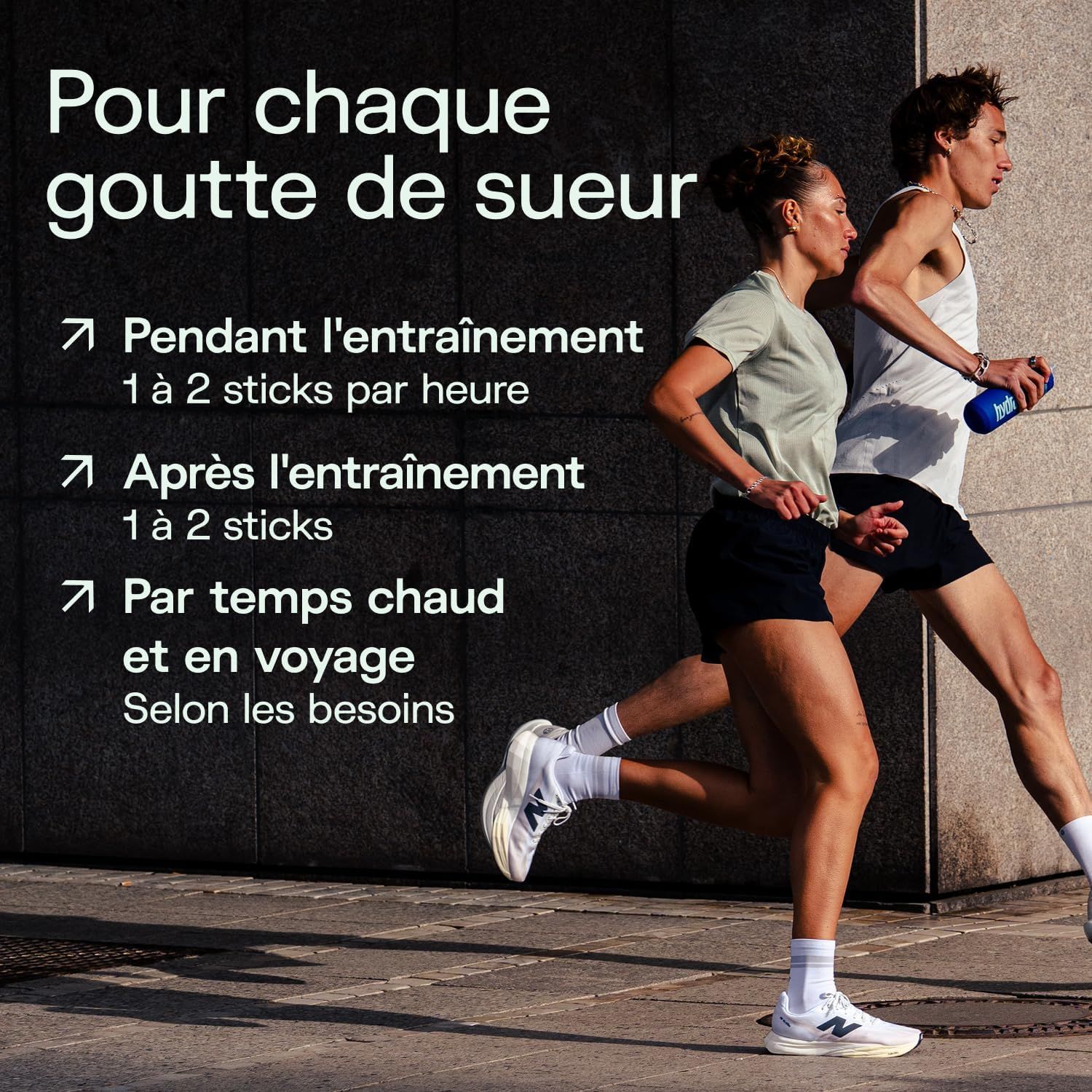 Couple de coureurs en action. Recommandation: 1-2 sticks par heure pendant l'entraînement.