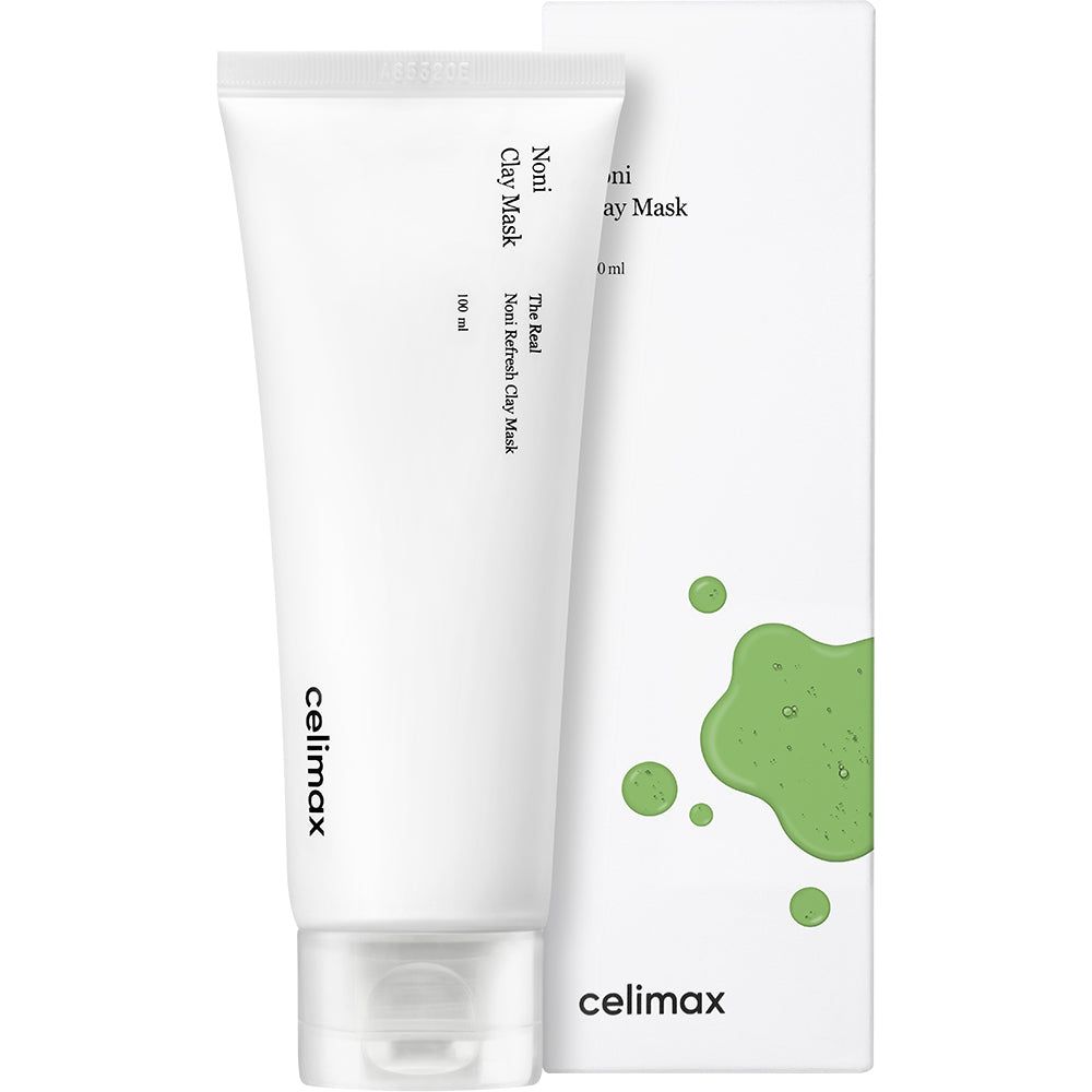Tube CELIMAX "The Real Noni Refresh Clay Mask" à côté de l'emballage du produit.
