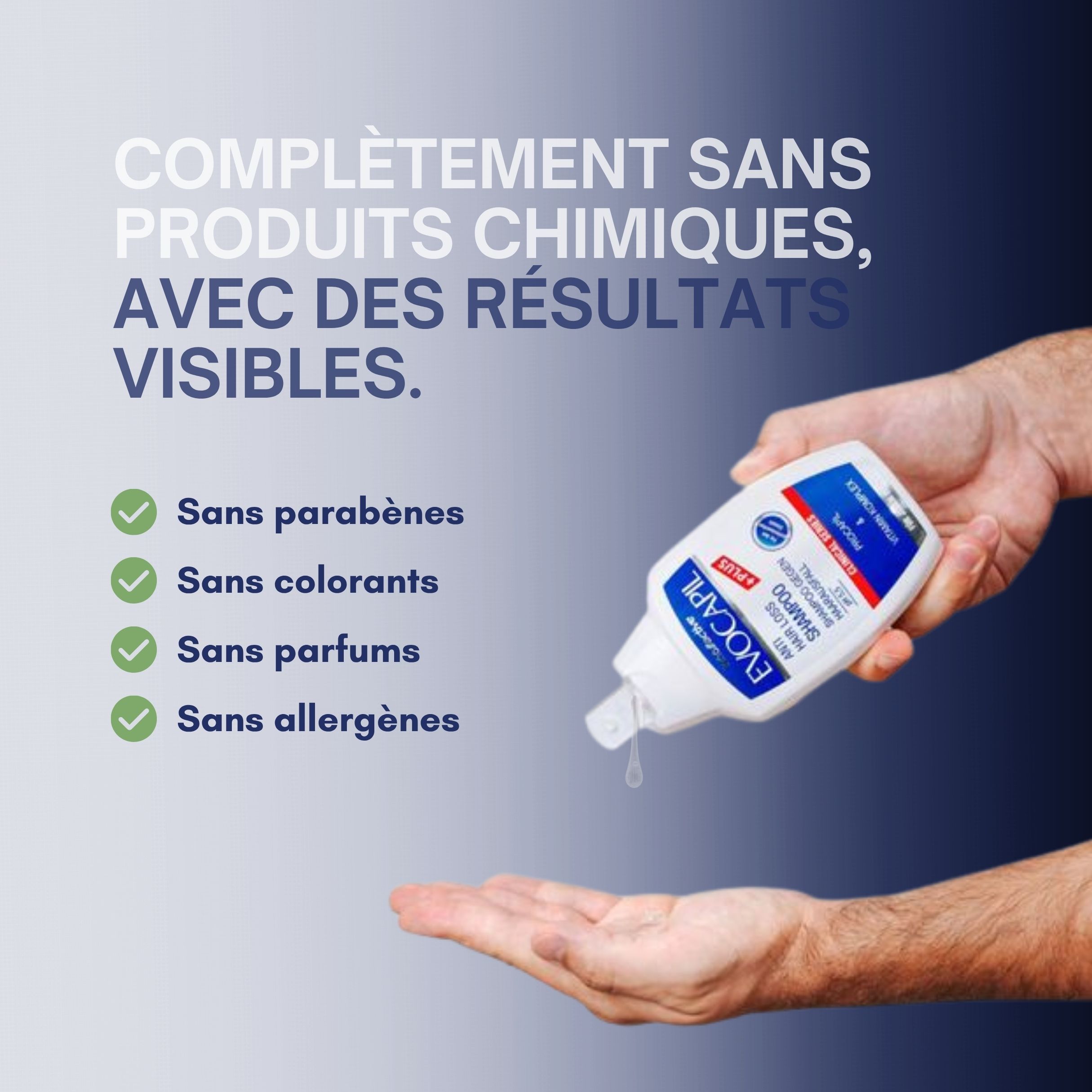 Mains tenant un flacon de shampooing. Inscription : Evocapil Anti-chute de cheveux Shampooing +Plus. Sans parabènes, colorants, parfums, allergènes.