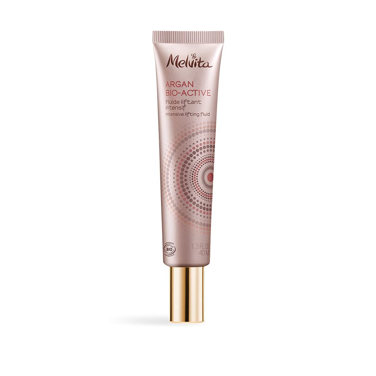 Tube rose avec capuchon doré. Inscription: Melvita, Argan Bio-Active, Fluide Liftant Intense Anti-âge. Avec label bio.
