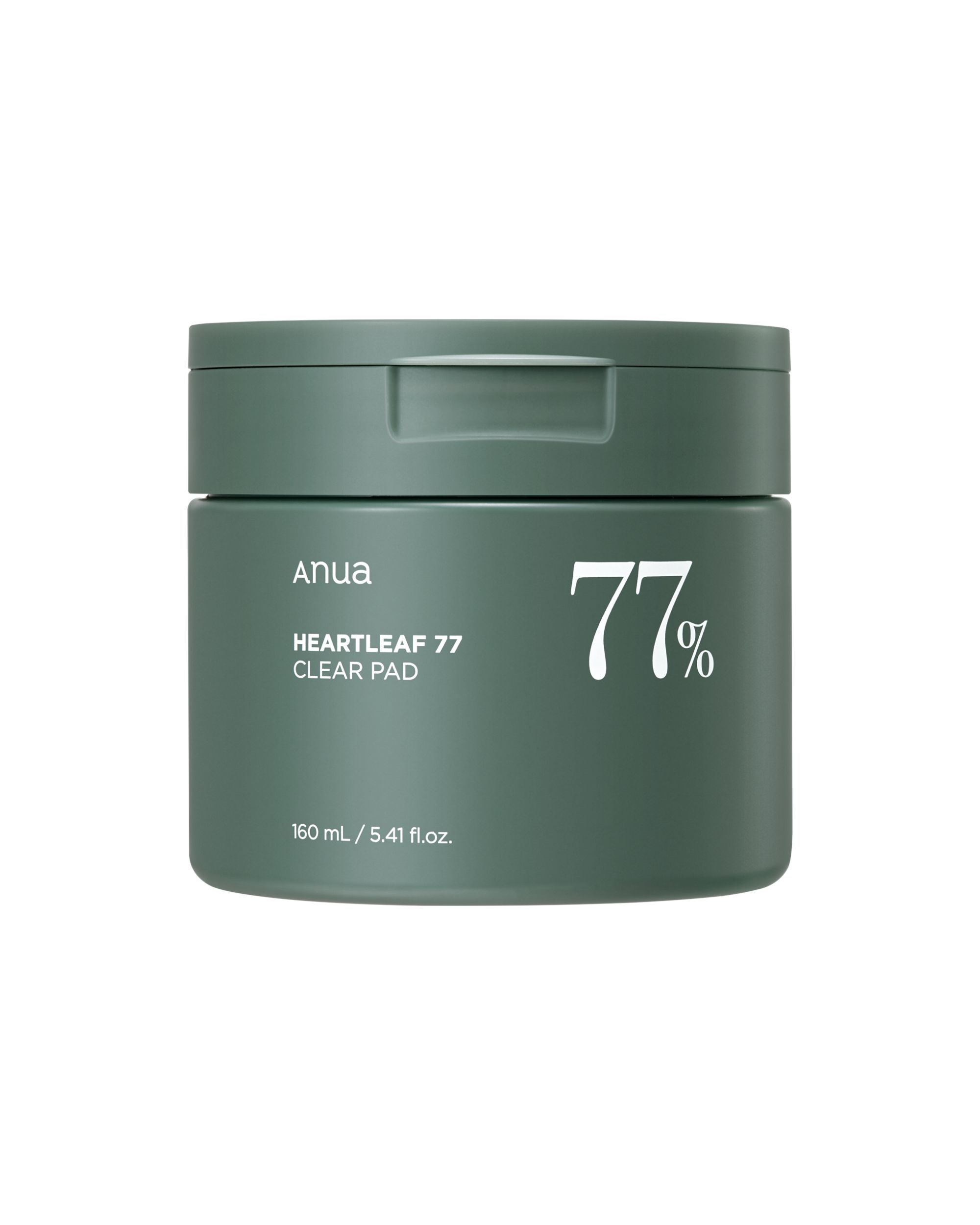 Groene pot met deksel. Opschrift: Anua, HEARTLEAF 77 CLEAR PAD, 77%.