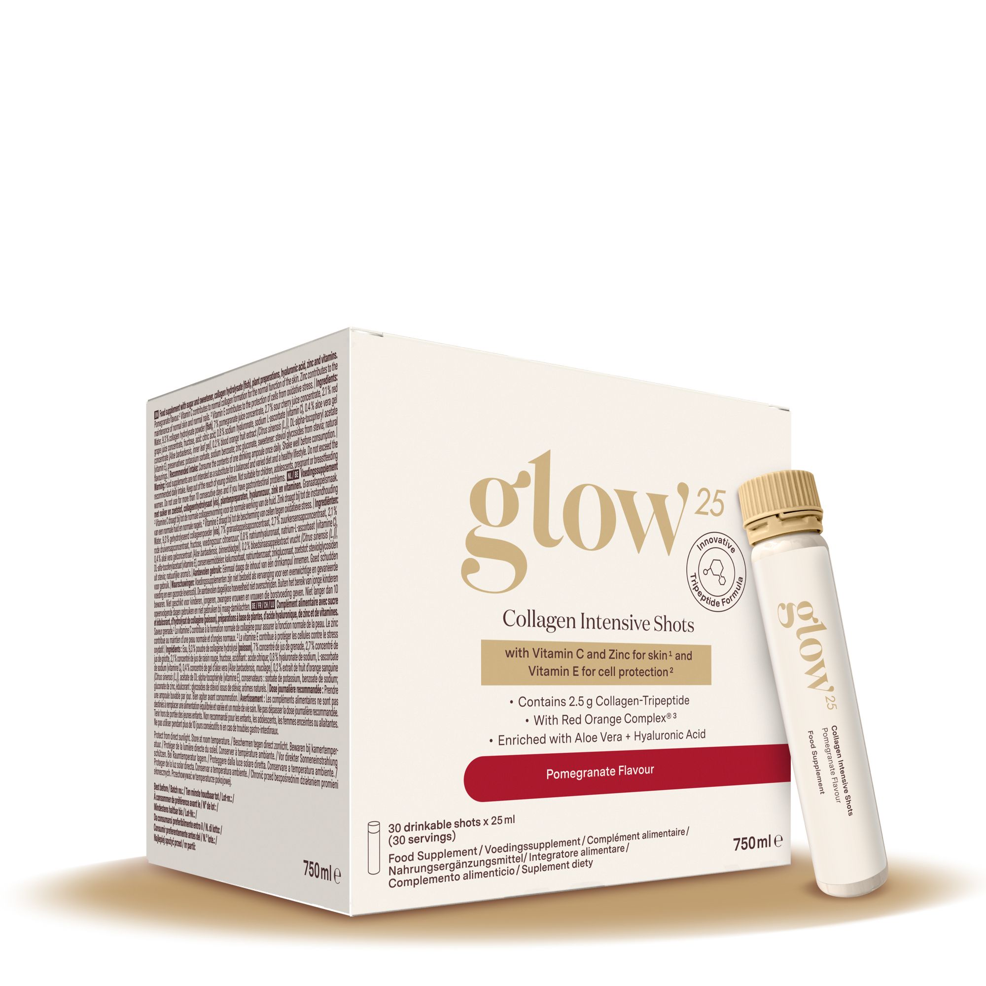 Drie Glow25 collageen ampullen met informatie over ingrediënten.