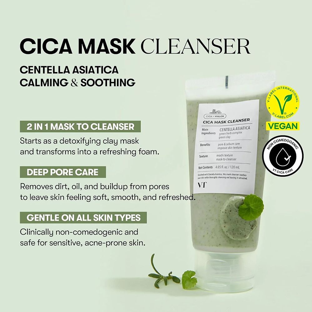 VT COSMETICS Cica Mask Cleanser 2 en 1. Tube blanc avec contenu vert. Label Vegan et informations d'utilisation.