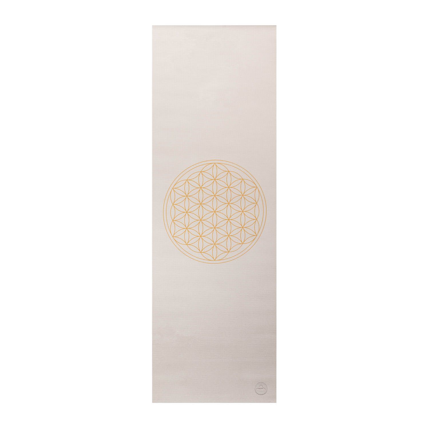 Beige yogamat met gouden Flower of Life design. Rechthoekig, gecentreerd.