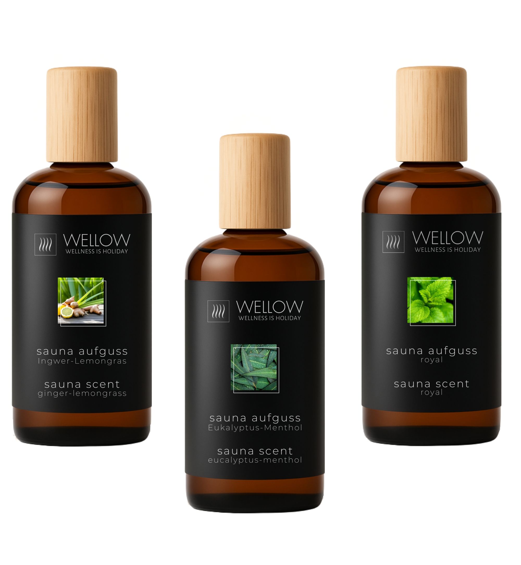 Drie flessen met houten doppen. Opschrift: Wellow, Saunaaufguss, Gember-Citroengras, Eucalyptus-Menthol, Royal.