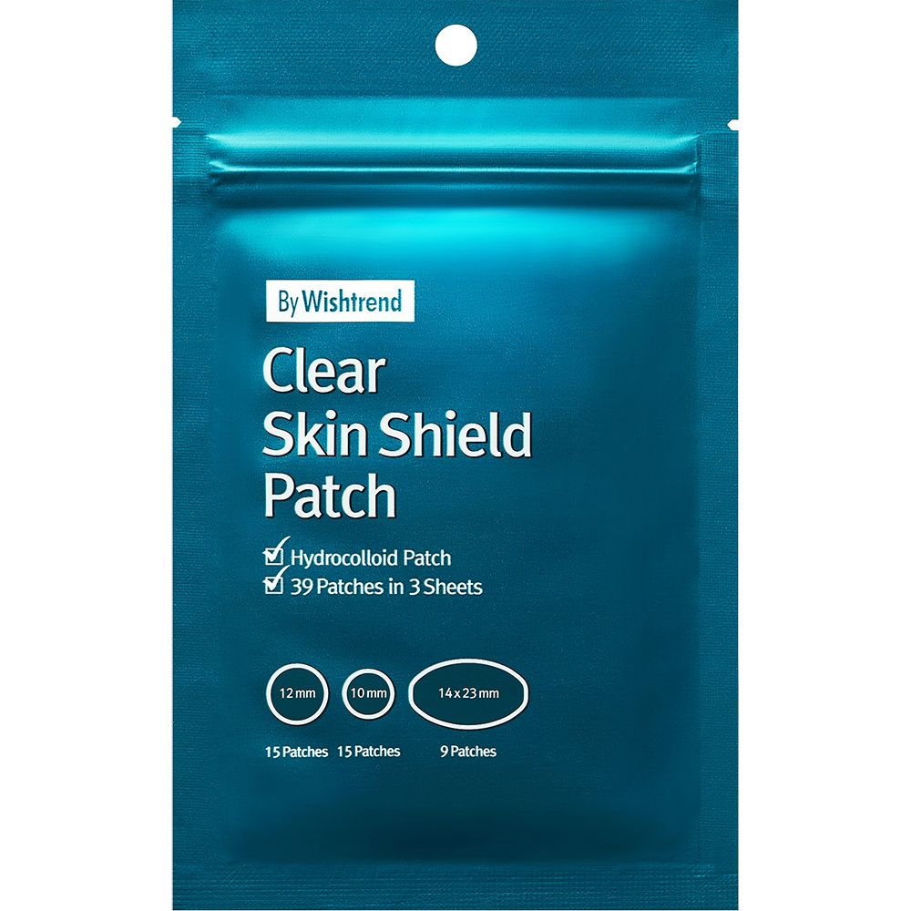 Emballage Clear Skin Shield Patch. Film bleu avec informations sur le produit. Tailles : 12mm, 10mm, 14x23mm. Marque : By Wishtrend.