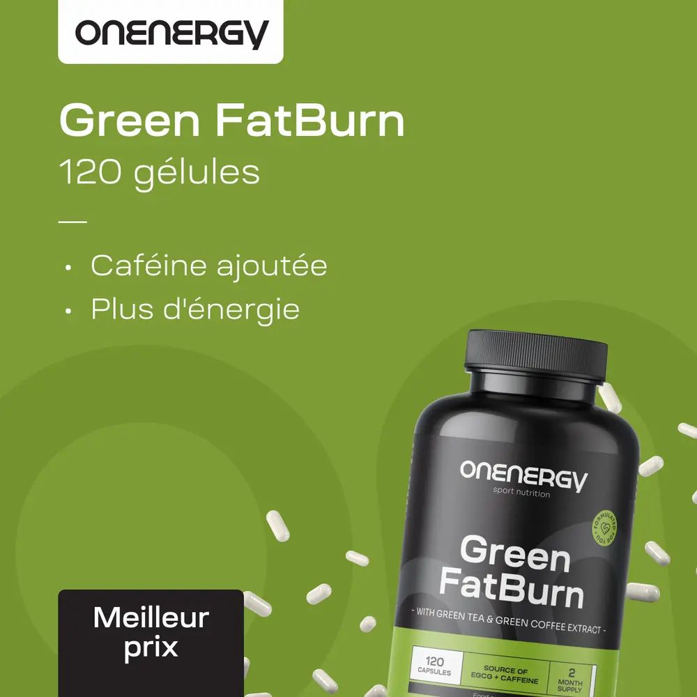 Trois boîtes OnEnergy Green FatBurn sur fond vert.